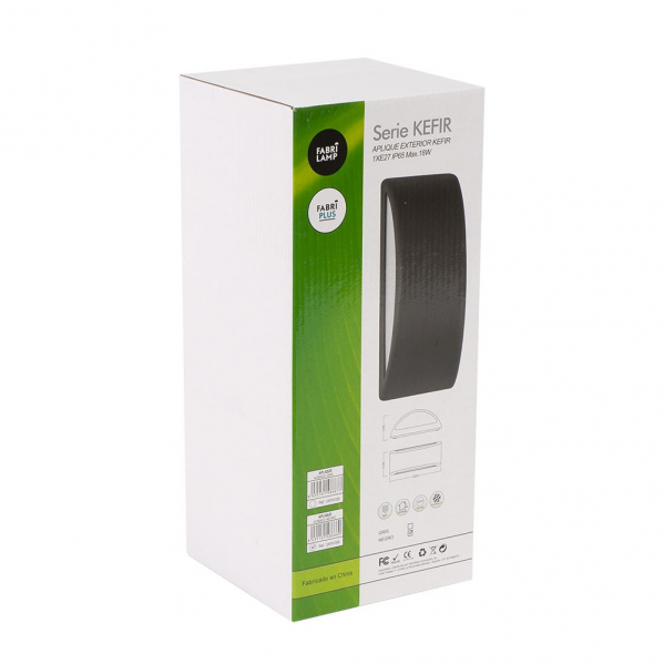 Una caja de producto blanca para el aplique exterior Serie Kefir, con imágenes del producto y especificaciones.