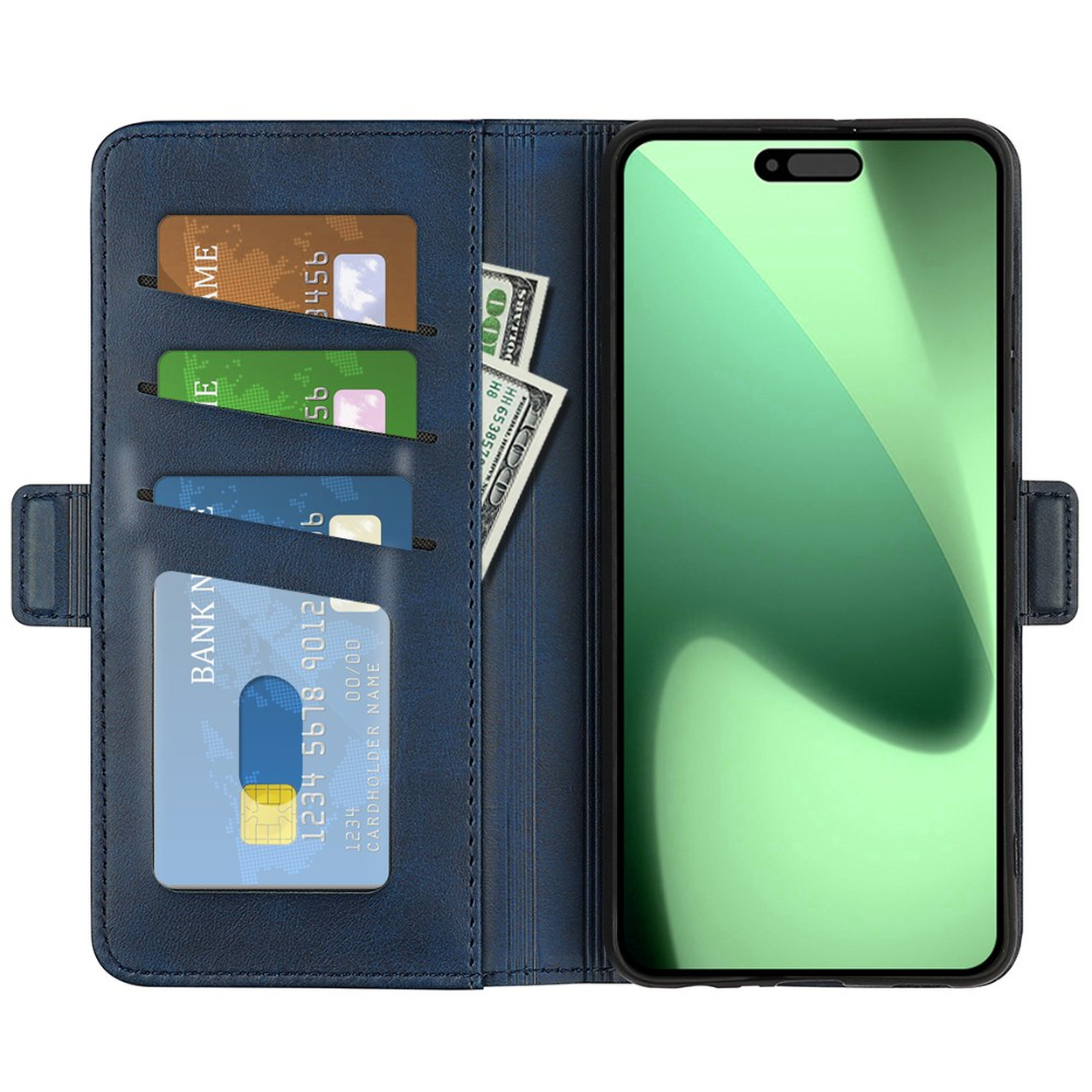 A blue leather wallet case holds four colorful credit cards, cash, and a smartphone with a green screen.