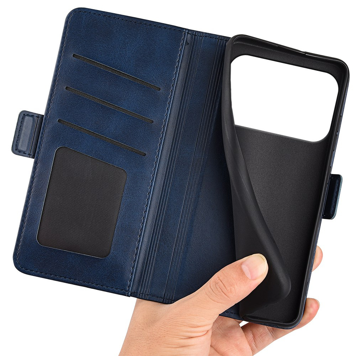 A hand holding an open blue leather wallet-style phone case with card slots and a black inner shell.