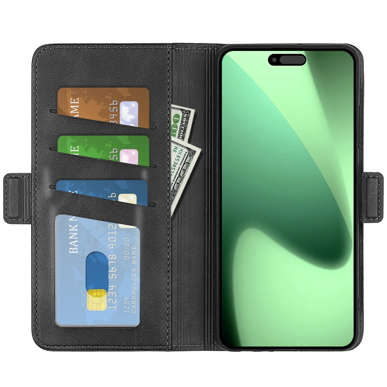 A black leather wallet phone case holds several credit cards, cash, and a smartphone with a glowing green screen.