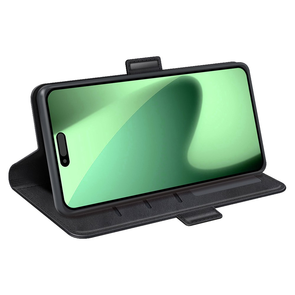 A black leather flip case holds a smartphone displaying a green screen against a white background.