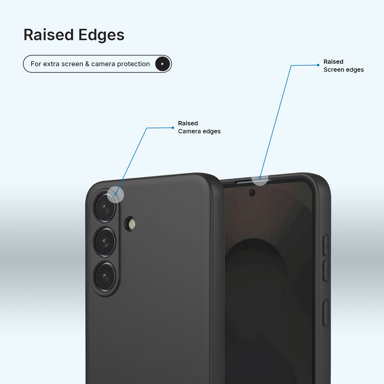 Smartphone avec coque mettant en valeur les bords surélevés de protection.