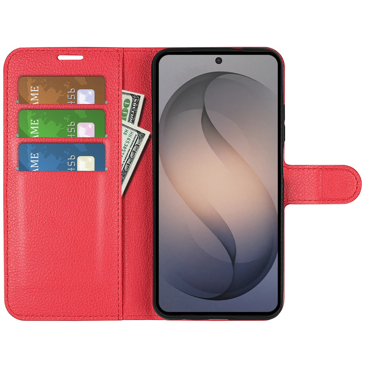 Rote Leder-Brieftasche mit Smartphone, Kreditkarten und Geldscheinen.