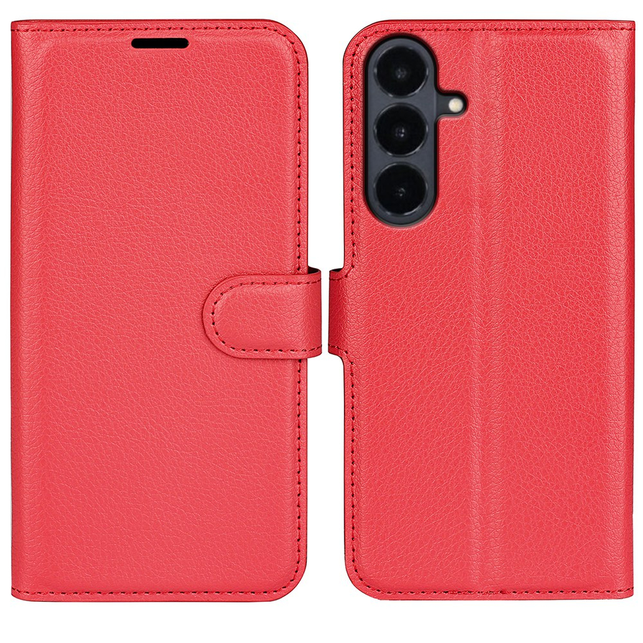 Rote Leder-Handyhülle mit Magnetverschluss, Vorder- und Rückseite mit Kameraausschnitten.