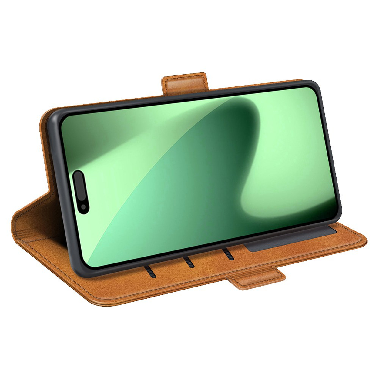 A smartphone with a green screen stands in a brown leather flip case against a white background.