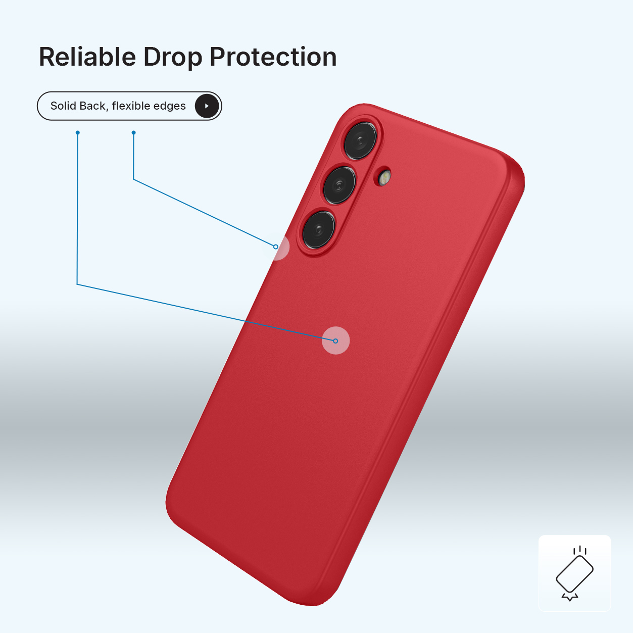 Un smartphone rouge avec trois caméras arrière et des lignes bleues pointant vers des caractéristiques.