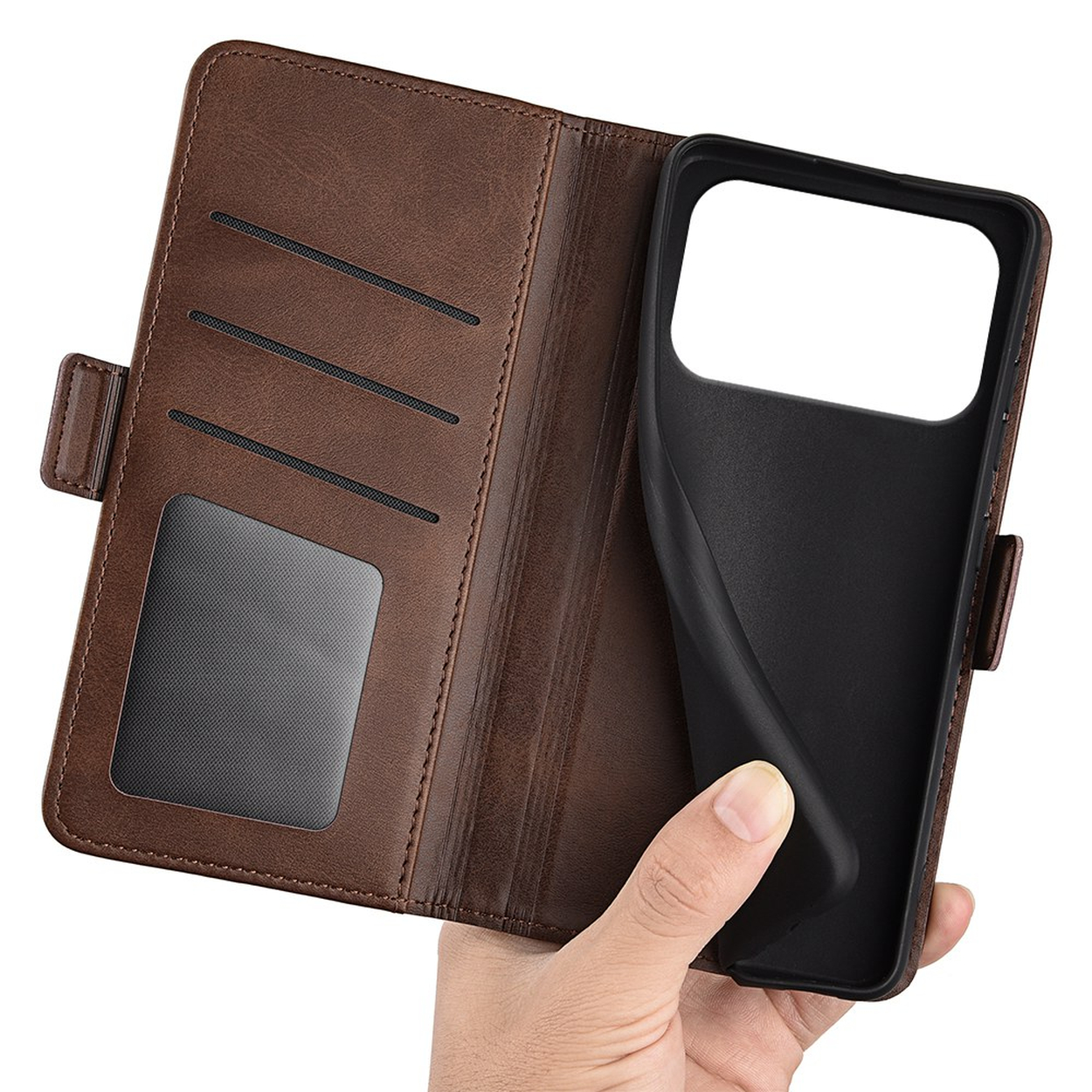 Brown leather phone case with card slots, held in hand.