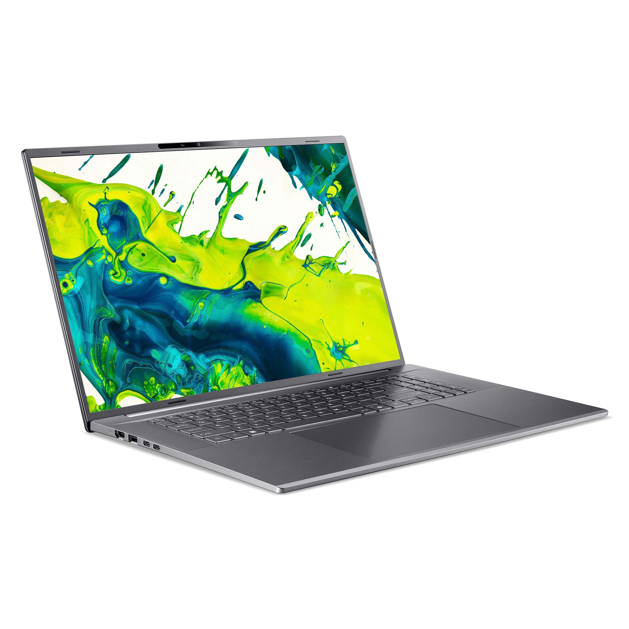 Ein grauer Laptop auf weißem Hintergrund mit einem bunten grün-blauen Farbklecks auf dem Bildschirm.