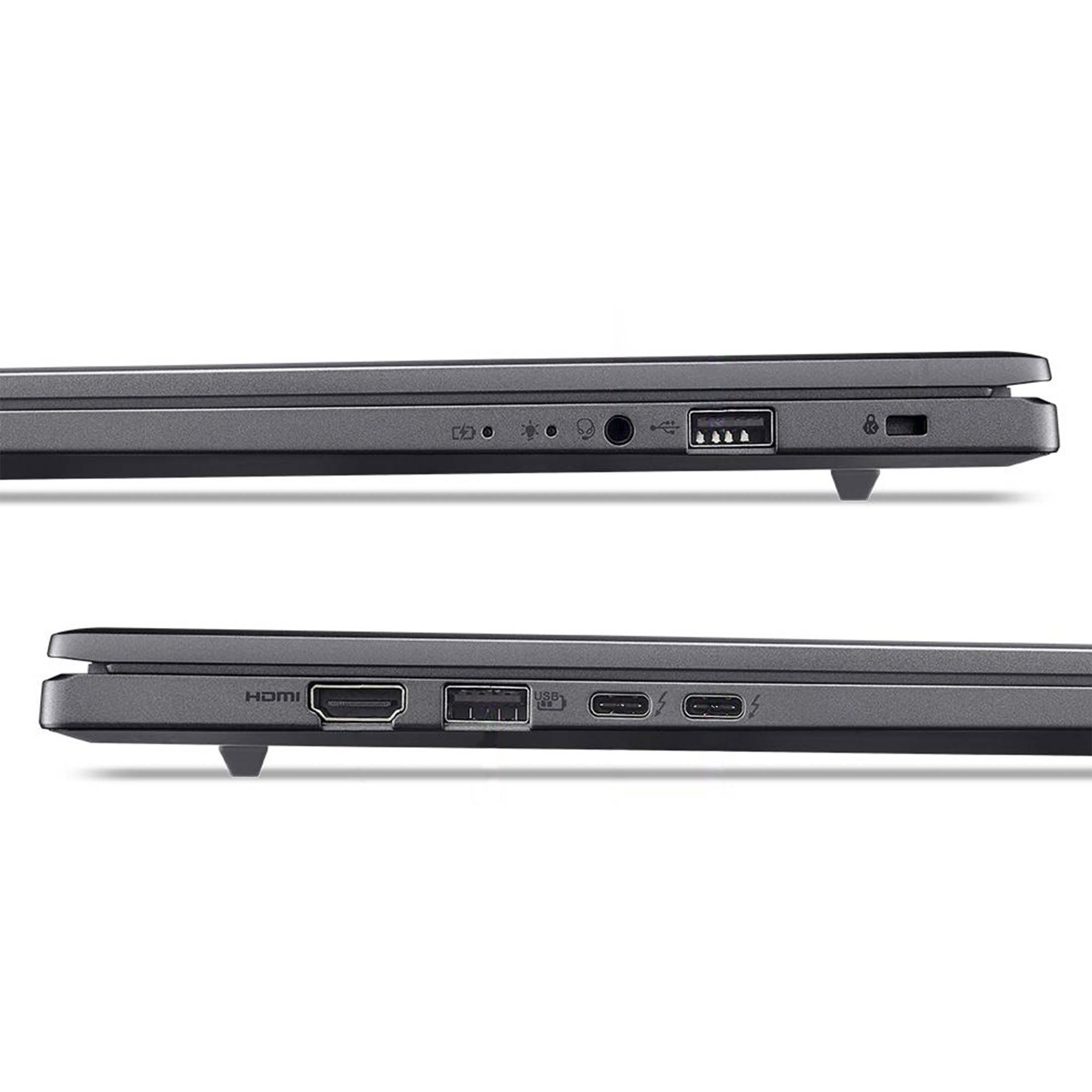 Seitenansicht eines Laptops mit HDMI-, USB- und USB-C-Anschlüssen.