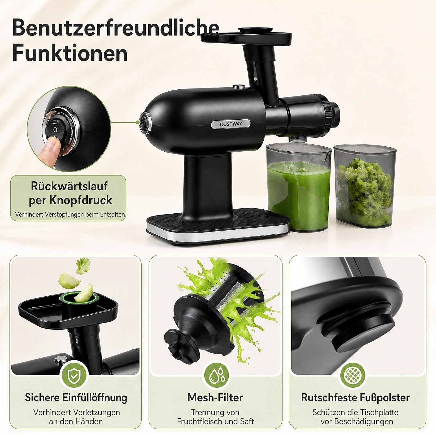 Schwarzer Entsafter mit Bechern für Saft und Trester, dazu Detailbilder von Filter, Bedienung und Standfüßen.