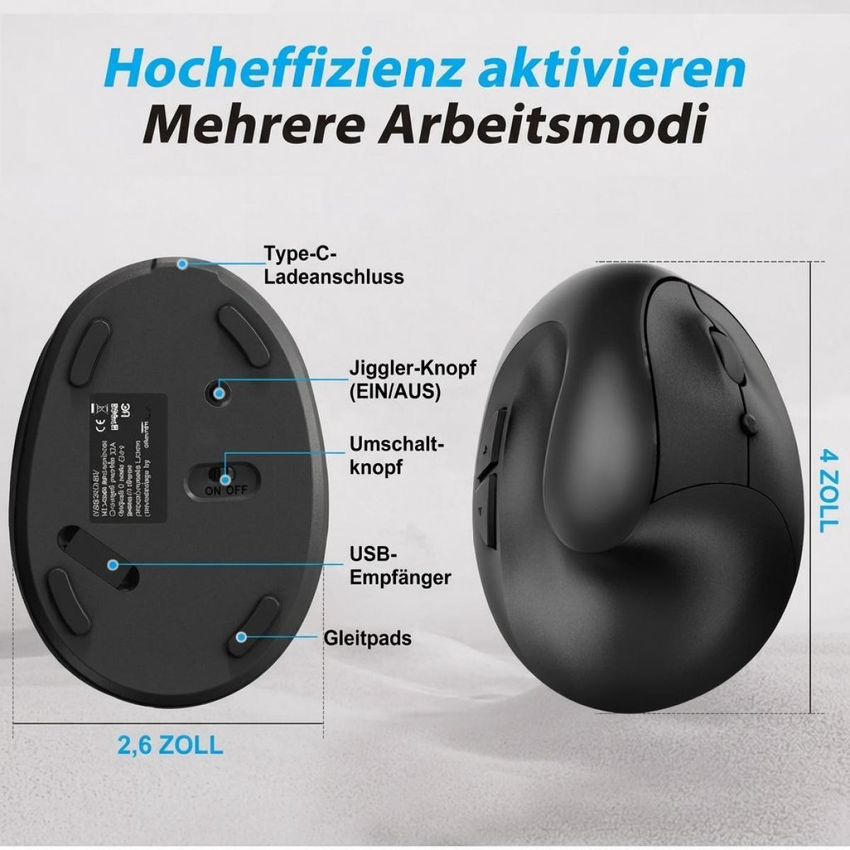 Diagramm einer schwarzen ergonomischen Maus mit Maßen und beschrifteten Funktionen wie Ladeanschluss und Schaltern.