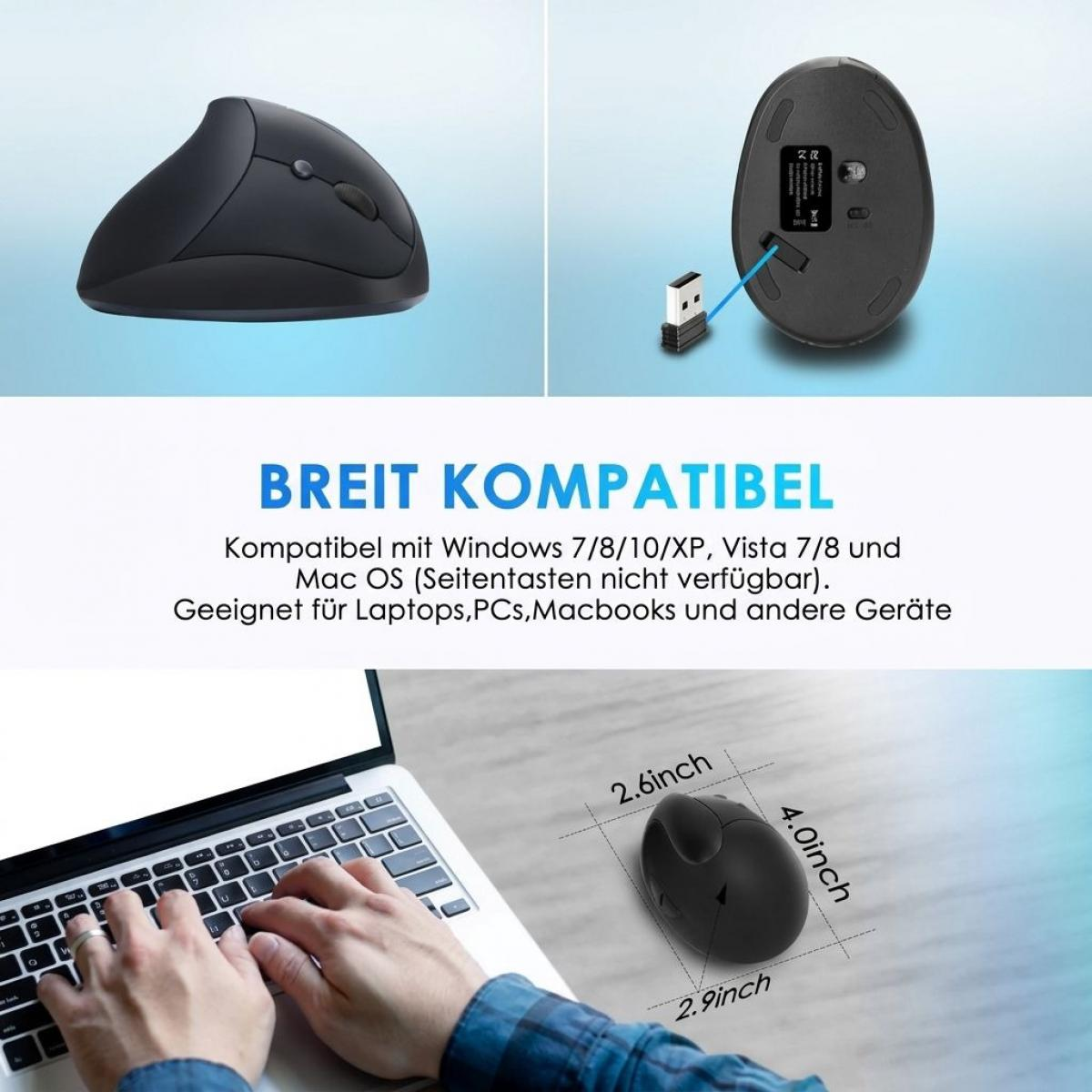 Ergonomische schwarze Computermaus mit USB-Empfänger, Kompatibilitätsdetails und Maßen neben einer Laptop-Tastatur.