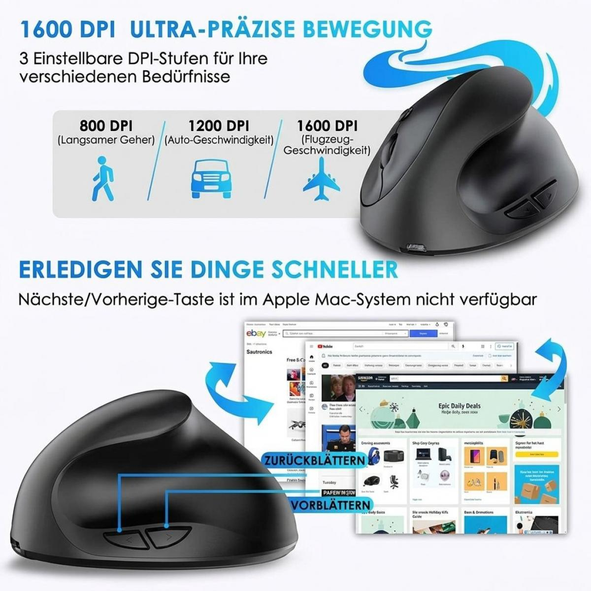 Ergonomische schwarze Maus mit anpassbaren DPI-Stufen und seitlichen Tasten.