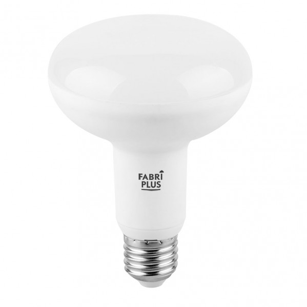 Una bombilla LED blanca Fabri Plus con cabeza reflectora ancha y base de rosca sobre fondo blanco.