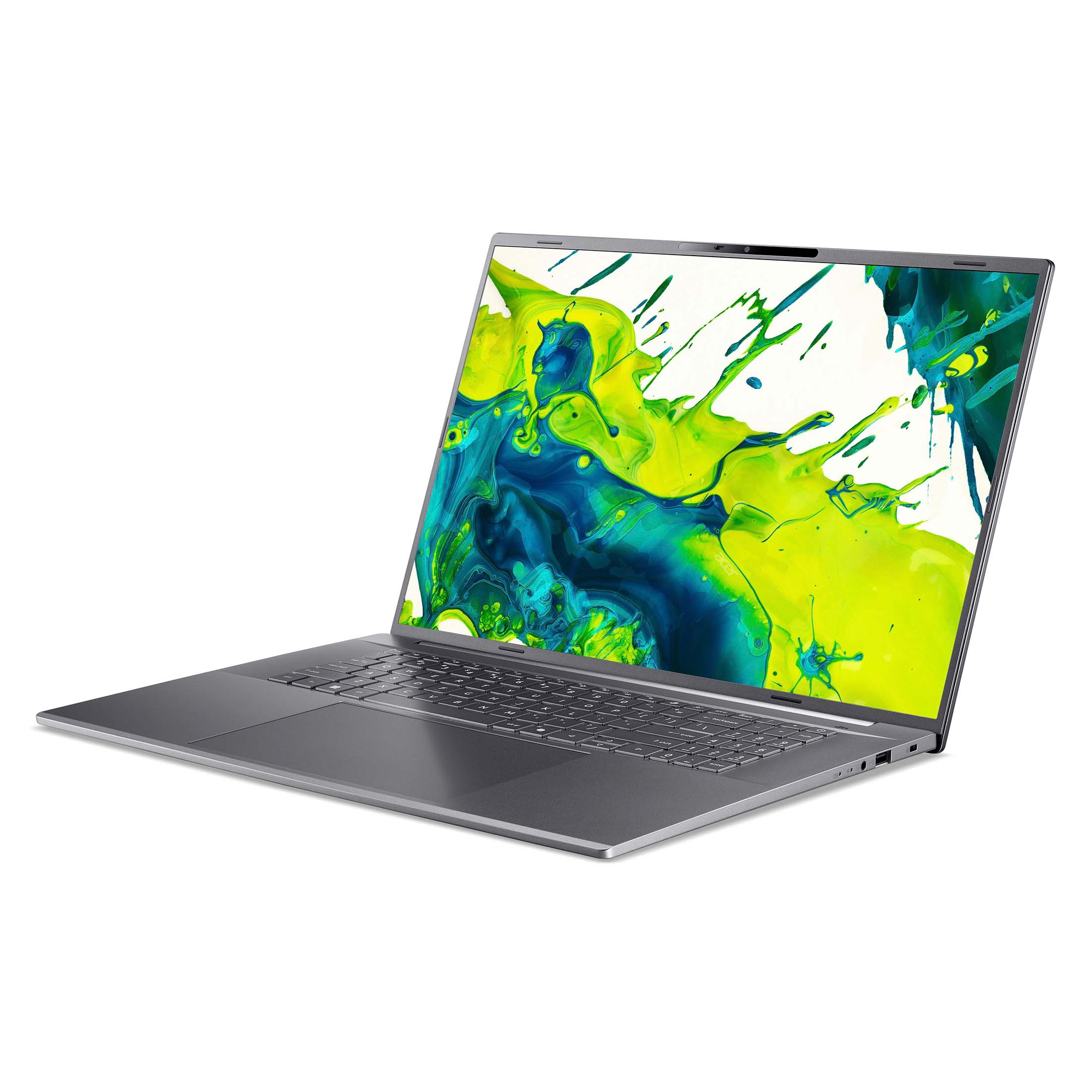 Ein grauer Laptop mit offenem Bildschirm zeigt ein helles, abstraktes grün-blaues Farbdesign auf weißem Hintergrund.