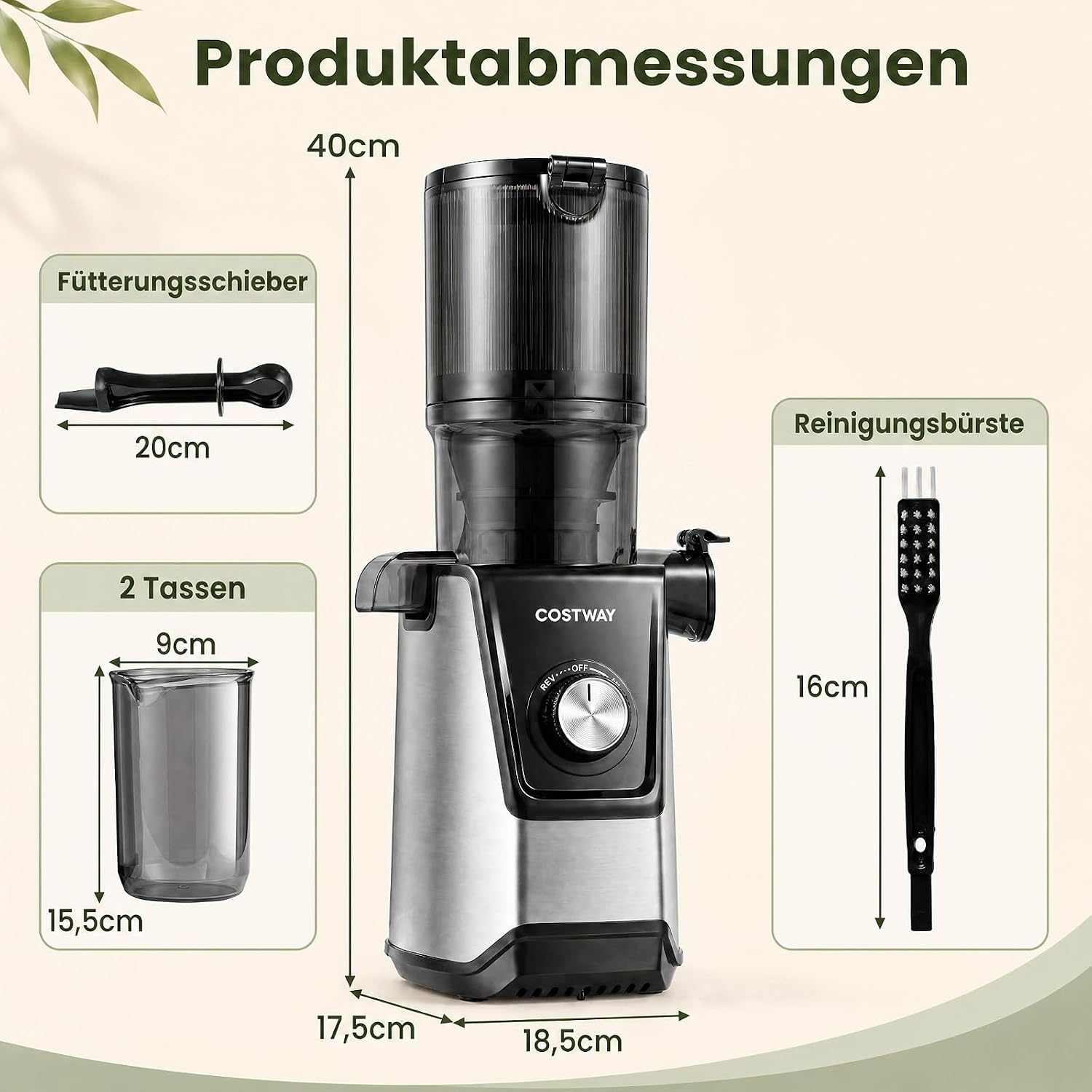 Diagramm zeigt die Produktabmessungen eines schwarzen Entsafters mit Zubehör wie Bürste und Becher.