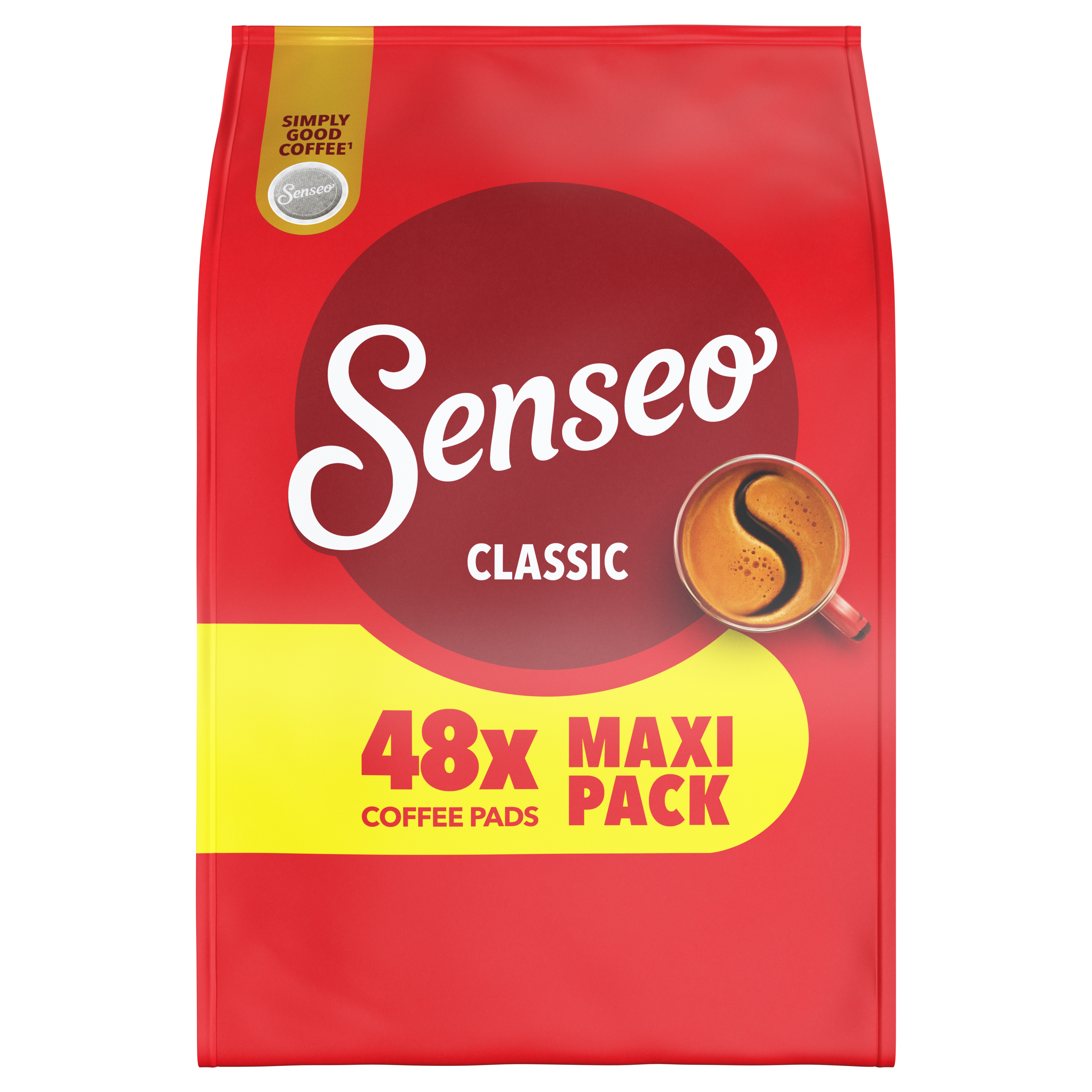 Rote Senseo Classic Maxi-Pack Kaffeepadverpackung mit 48 Pads und einer Kaffeetasse.