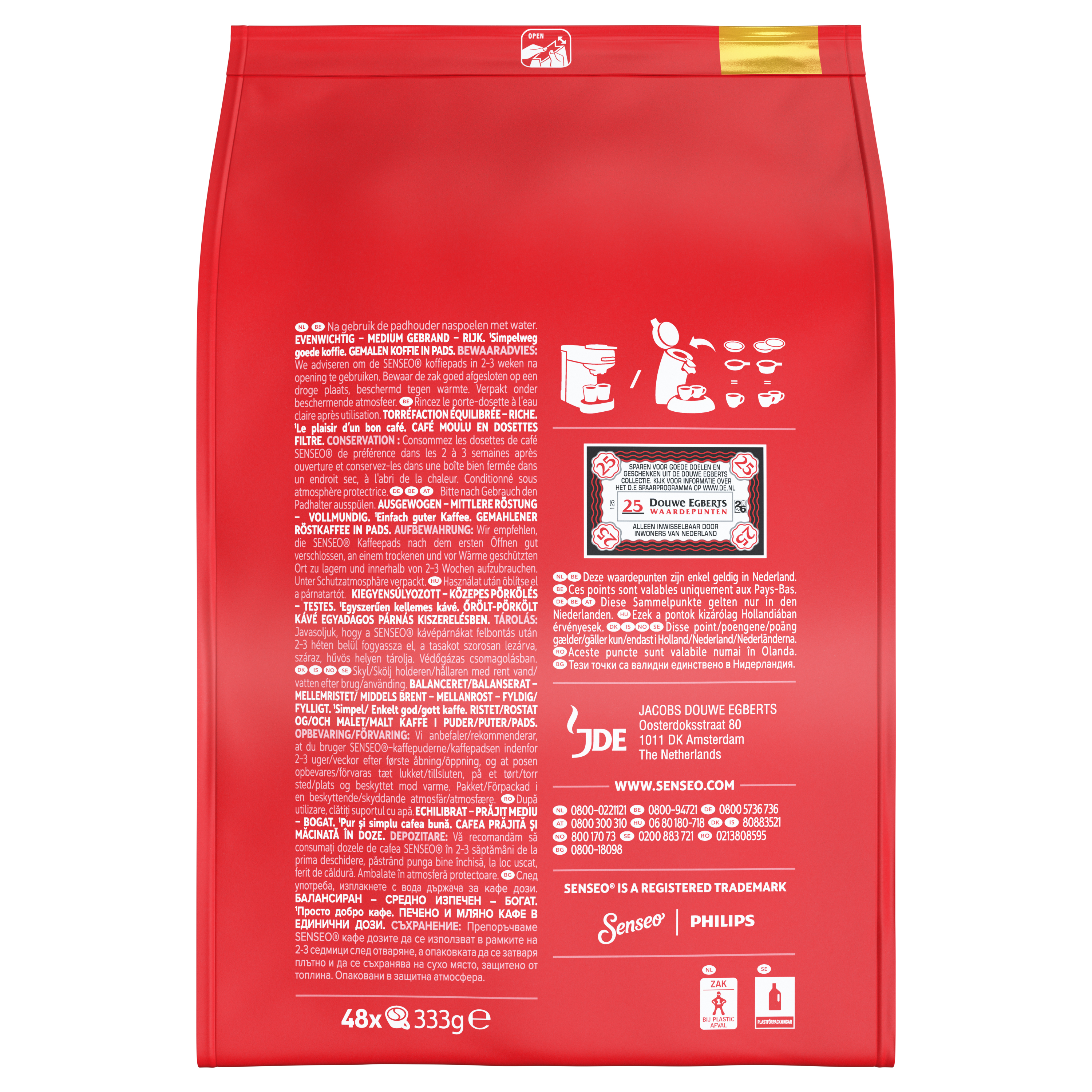 Rote Senseo Kaffeepad-Verpackung Rückseite mit Text.