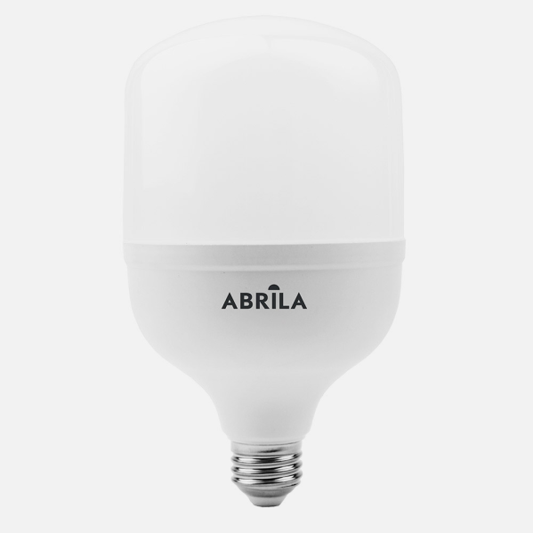 Bombilla LED cilíndrica blanca Abrila con base de rosca sobre fondo gris claro.