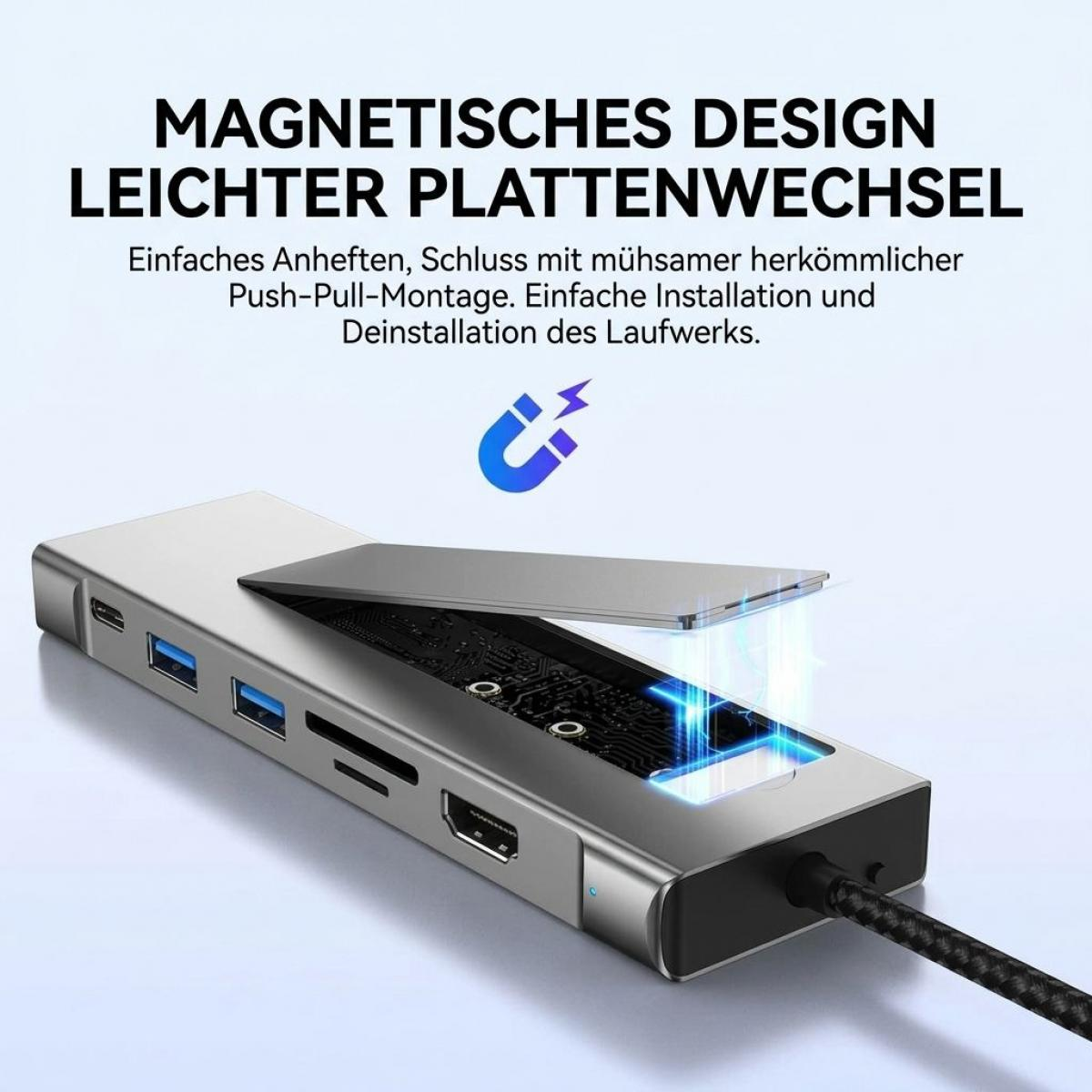 Magnetischer USB-Hub mit geöffnetem Gehäuse, das eine einfache Installation von Platten zeigt.