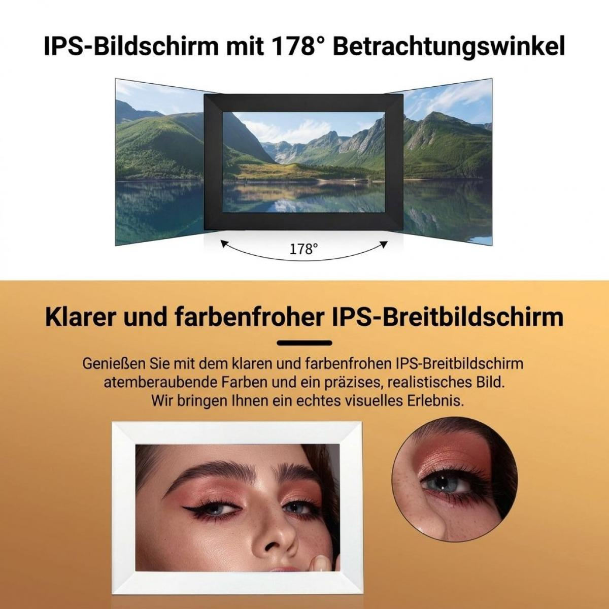 Produktwerbung für einen IPS-Bildschirm mit 178 Grad Blickwinkel, klaren Farben und realistischer Bildqualität.