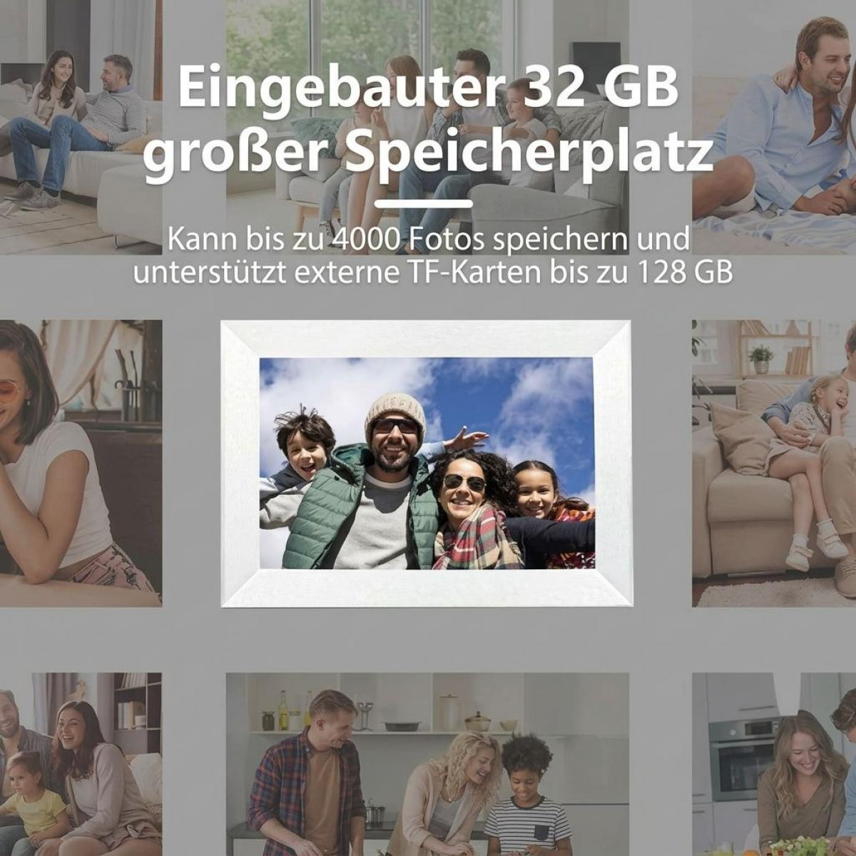 Digitale Bilderrahmen-Werbung mit Familienfotos, Text über 32 GB Speicher und TF-Karten-Unterstützung.