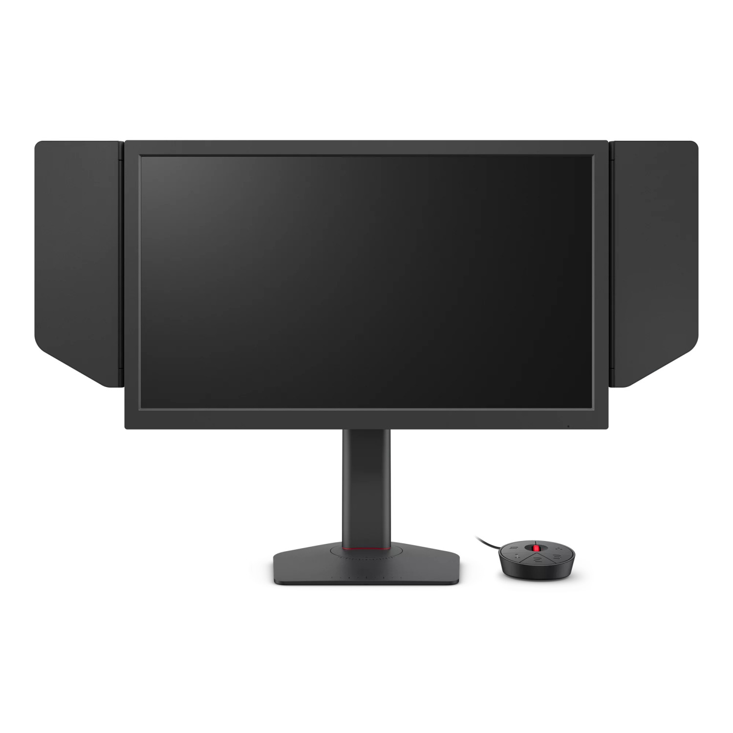Ein schwarzer Computermonitor mit Blendschutz-Seitenflügeln, einem Standfuß und einer runden Fernbedienung.