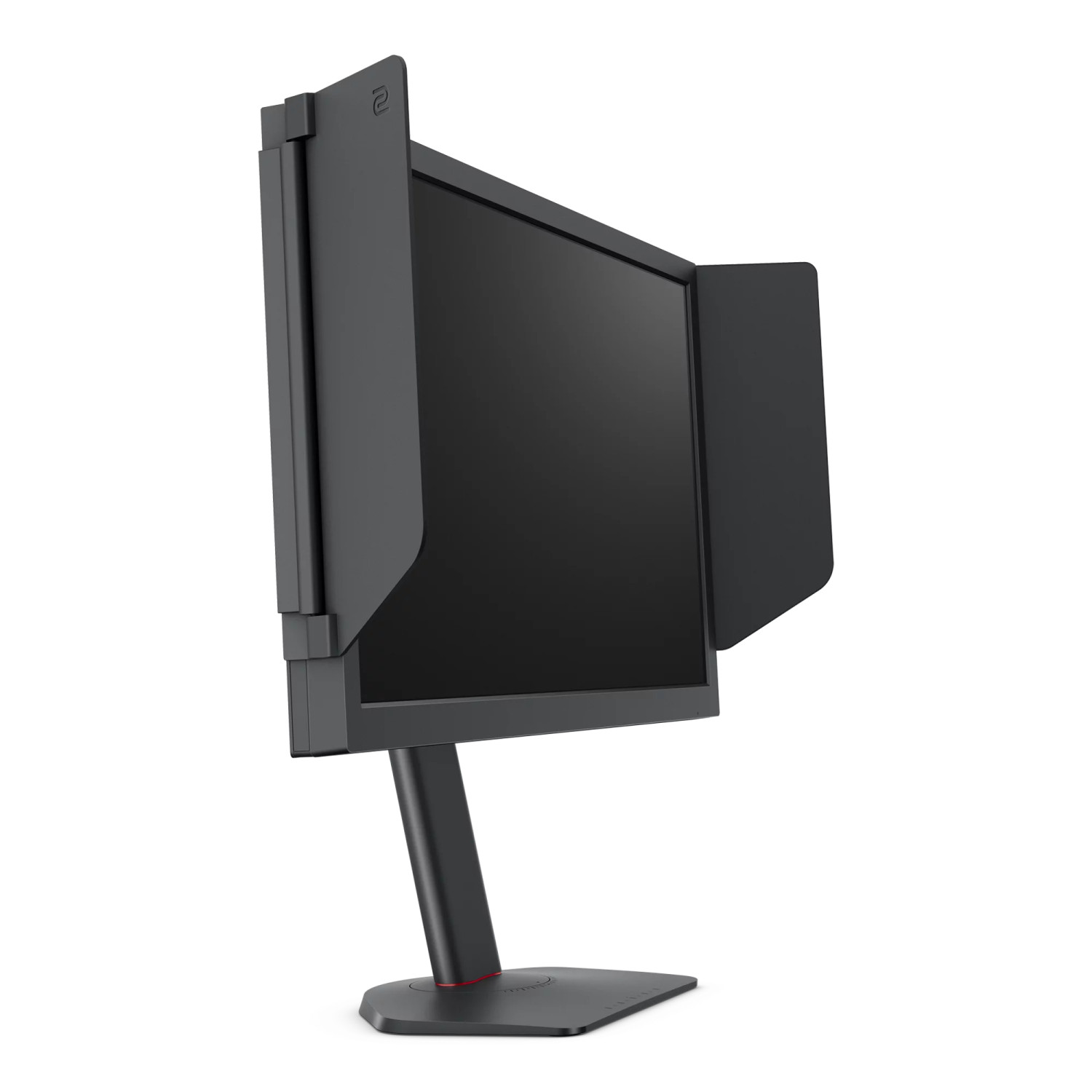 Ein schwarzer Computermonitor mit Blendschutzhauben an den Seiten und einem stabilen Standfuß.
