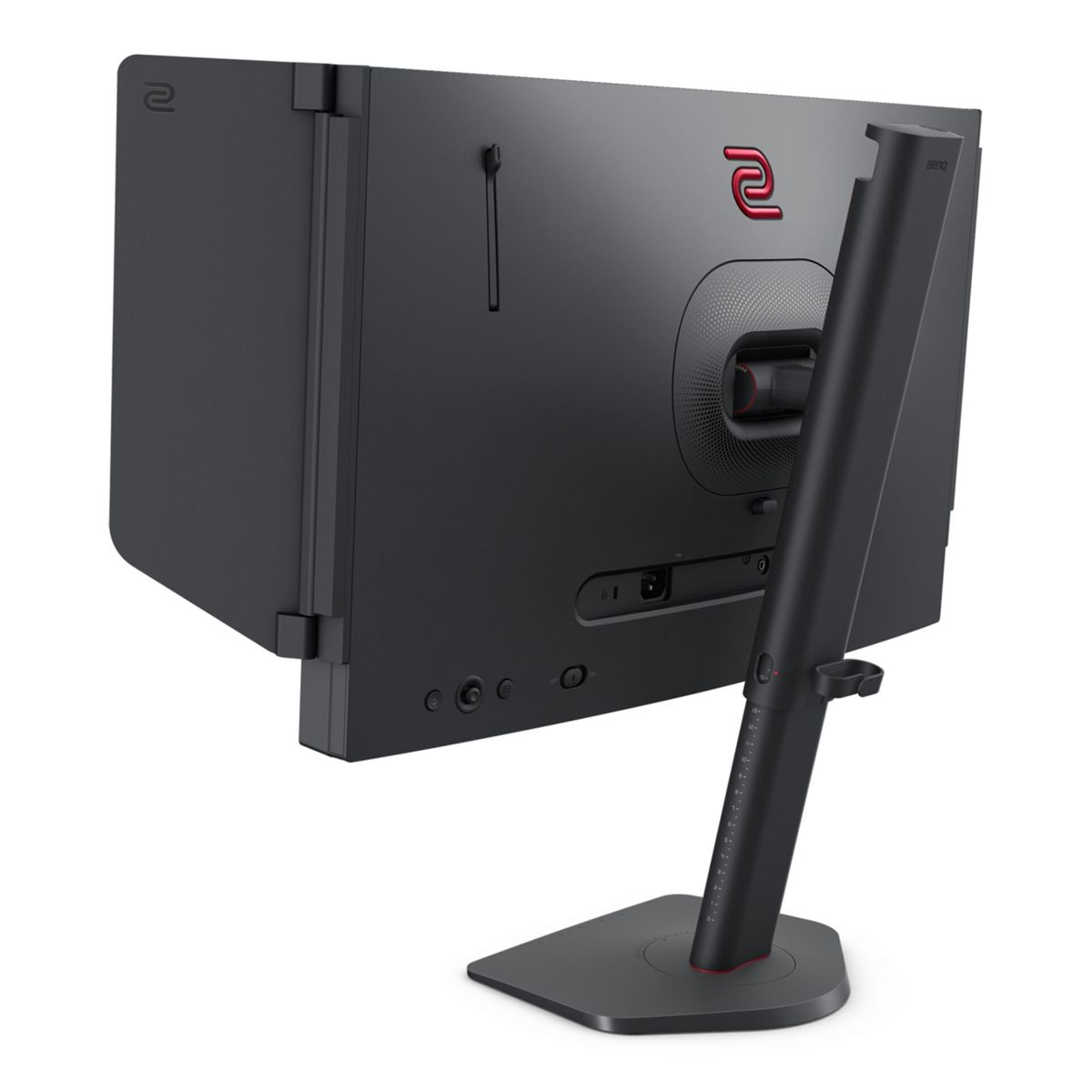 Rückansicht eines schwarzen BenQ-Monitors mit Seitenblenden und verstellbarem Standfuß auf weißem Hintergrund.