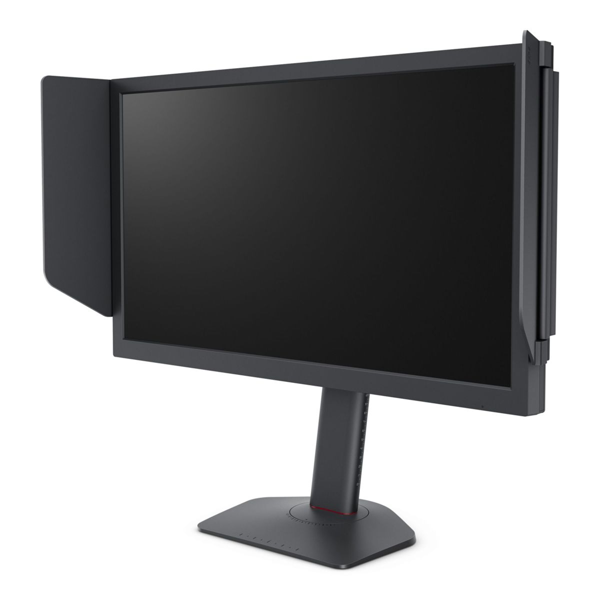 Ein schwarzer Computermonitor mit Blendschutzhauben und einem Standfuß auf weißem Hintergrund.
