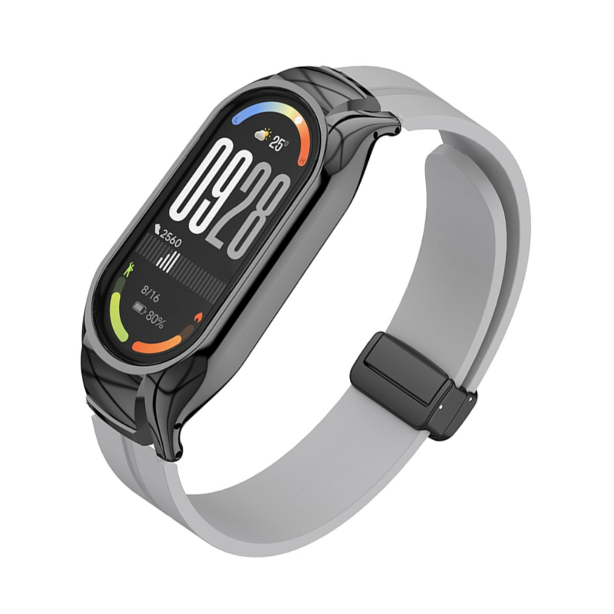 Ein schwarzer Fitnesstracker mit digitalem Zifferblatt und hellgrauem Armband auf weißem Hintergrund.