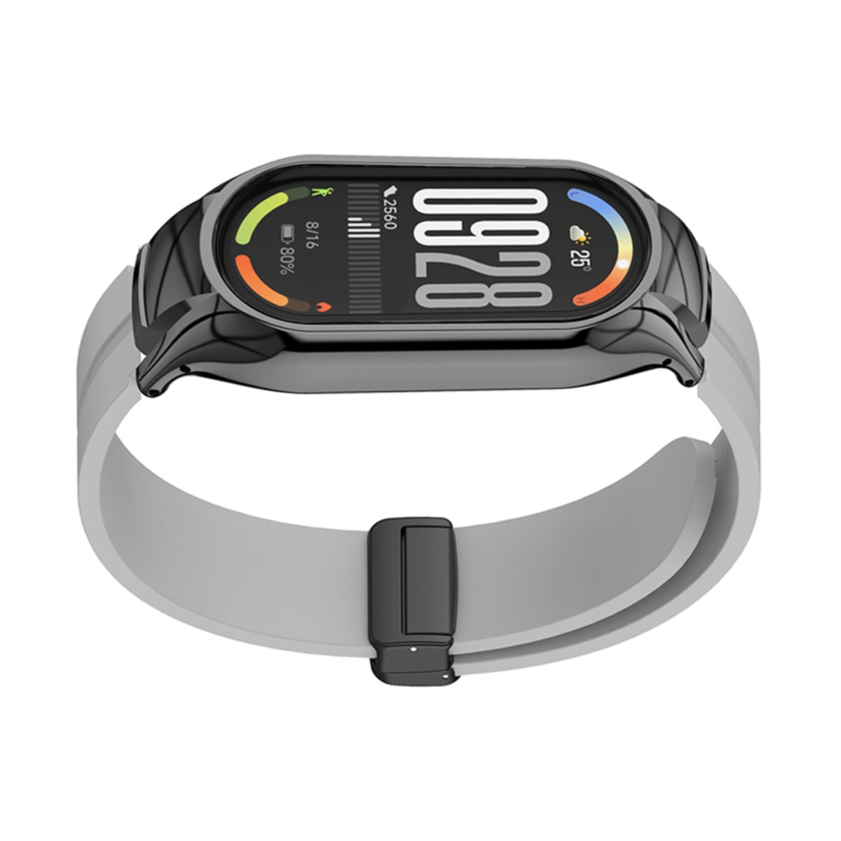 Ein grauer Fitness-Tracker mit schwarzem Gehäuse zeigt das digitale Display auf weißem Hintergrund.