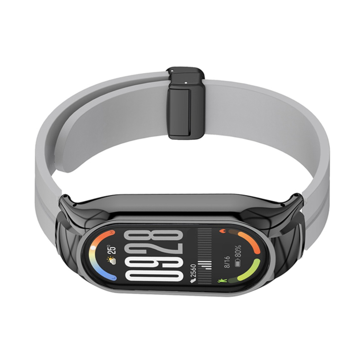 Ein schwarzer Fitnesstracker mit hellgrauem Armband zeigt Zeit, Wetter und Aktivitätsdaten.