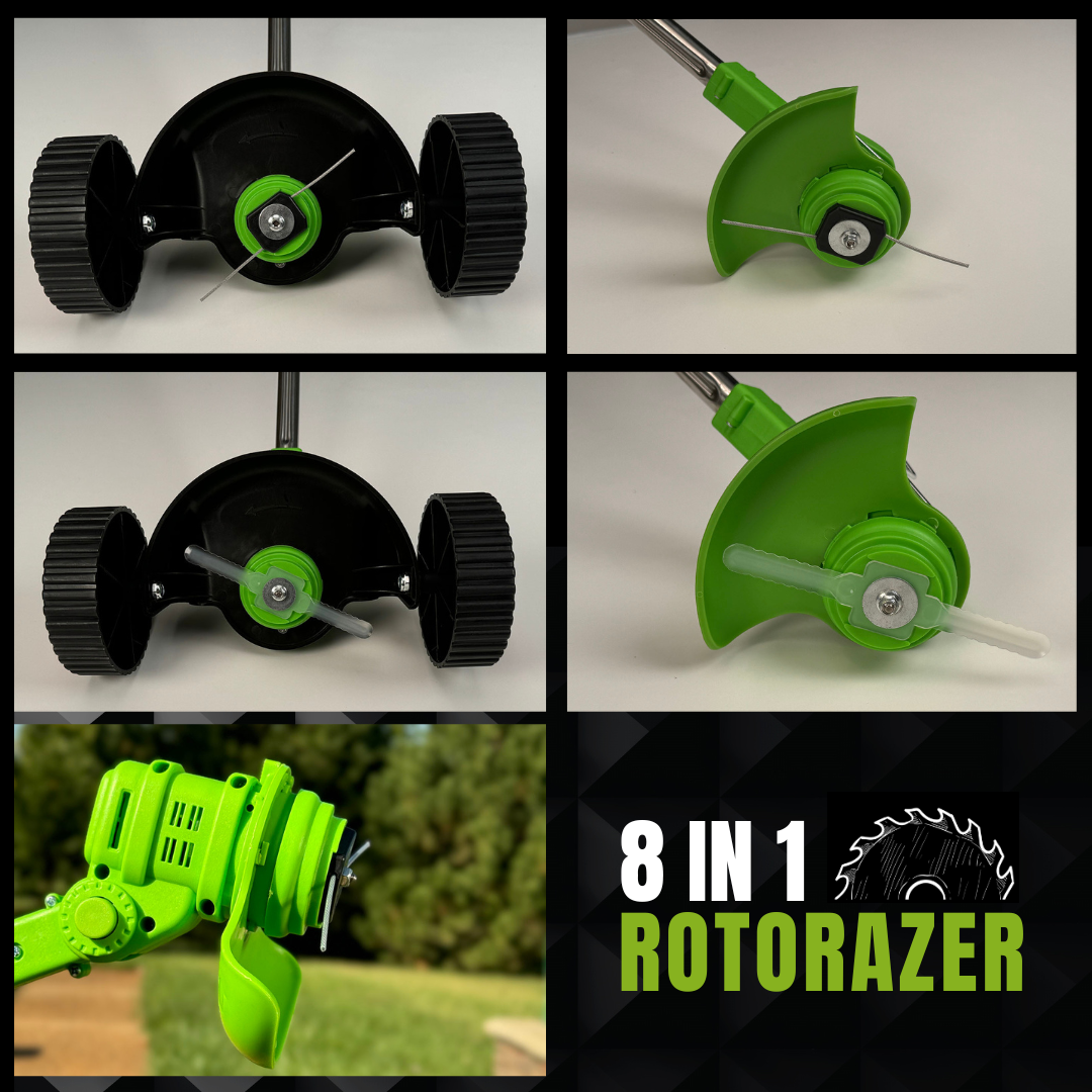 Une image multi-vue d'un coupe-bordure vert avec différents accessoires et le texte 8 in 1 Rotorazer.