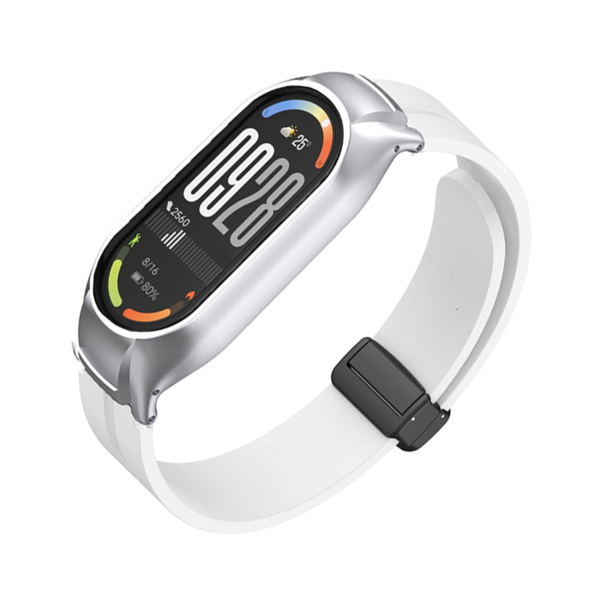 Ein silberner Fitnesstracker mit einem weißen Silikonarmband und einem schwarzen Display, das die Uhrzeit anzeigt.