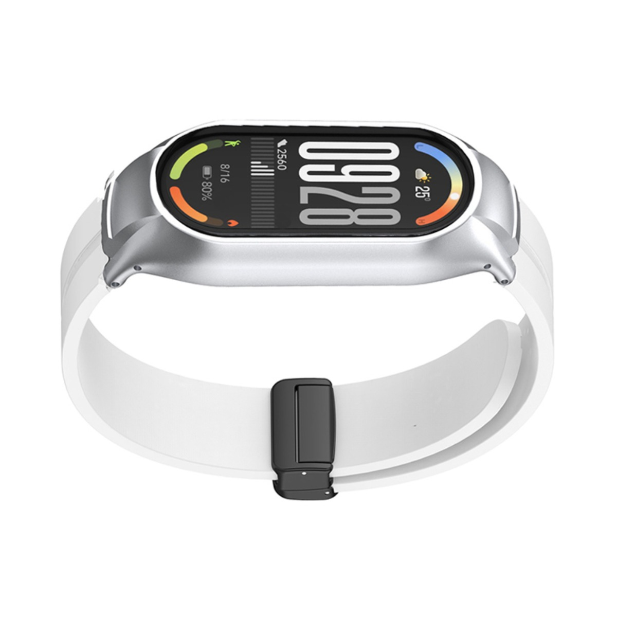 Fitnessarmband mit silbernem Gehäuse, weißem Silikonarmband und digitalem Zifferblatt auf weißem Hintergrund.