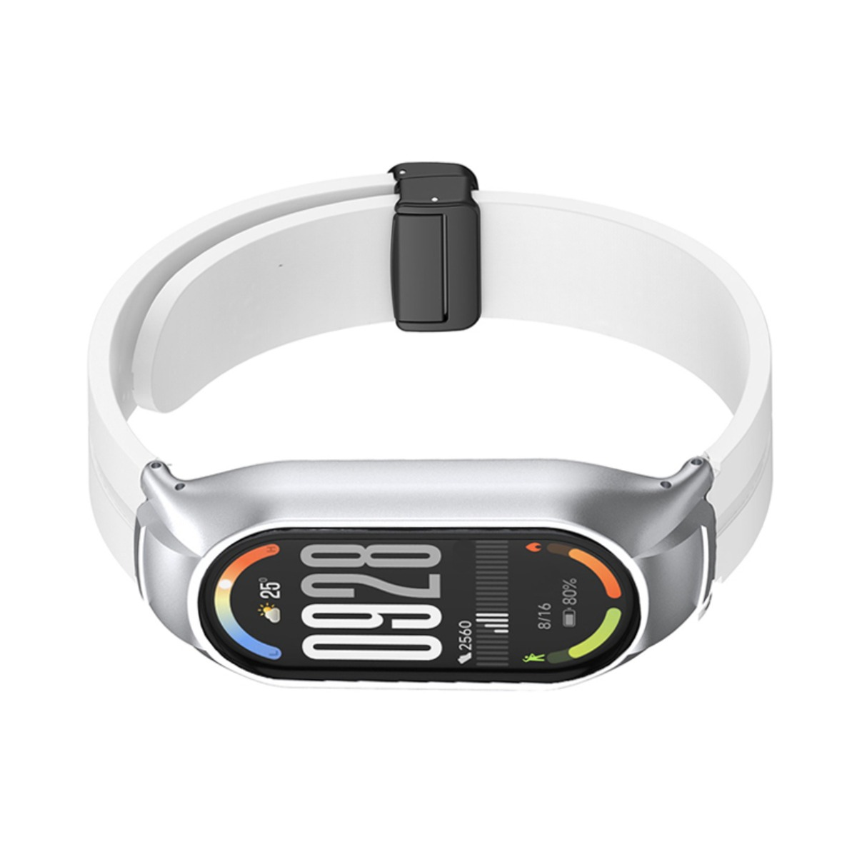 Silberner Fitness-Tracker mit weißem Armband und digitaler Zeitanzeige auf schwarzem Hintergrund.