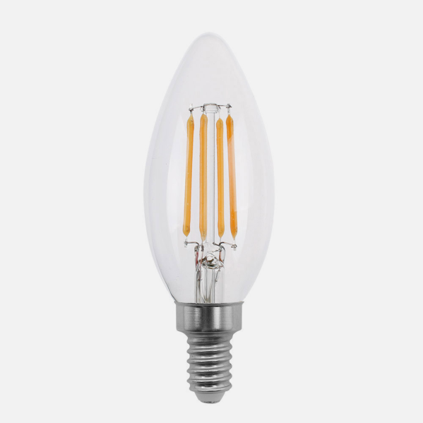 Bombilla LED de vela transparente con cuatro filamentos amarillos verticales sobre fondo claro.