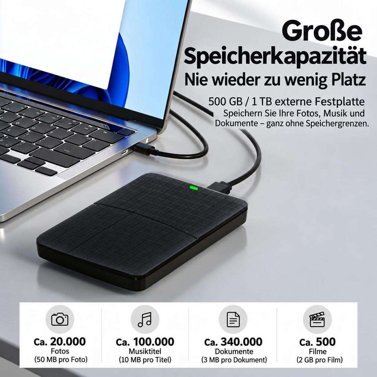 Werbebild für eine externe Festplatte mit Laptop, deutschem Text und Icons für die Speicherkapazität.