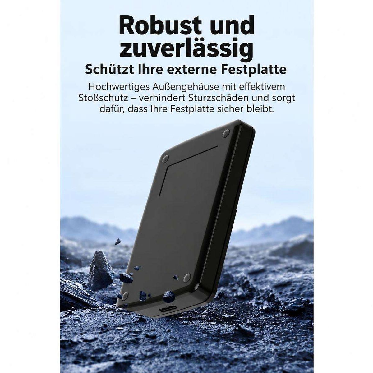 Ein schwarzes externes Festplattengehäuse steht auf felsigem Gelände mit deutschem Text.