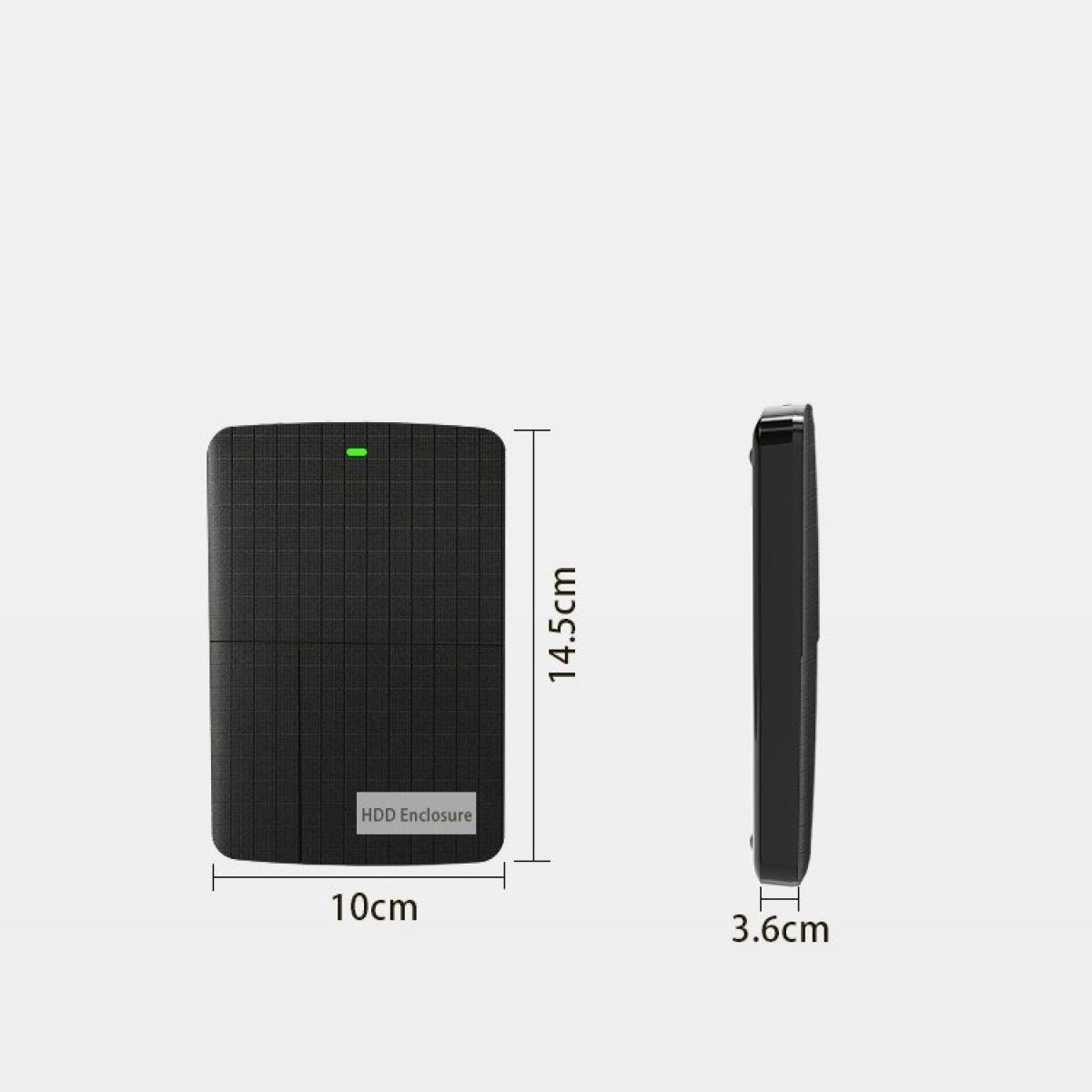Schwarzes HDD-Gehäuse mit Abmessungen: 14.5 cm Länge, 10 cm Breite, 3.6 cm Höhe vor grauem Hintergrund.