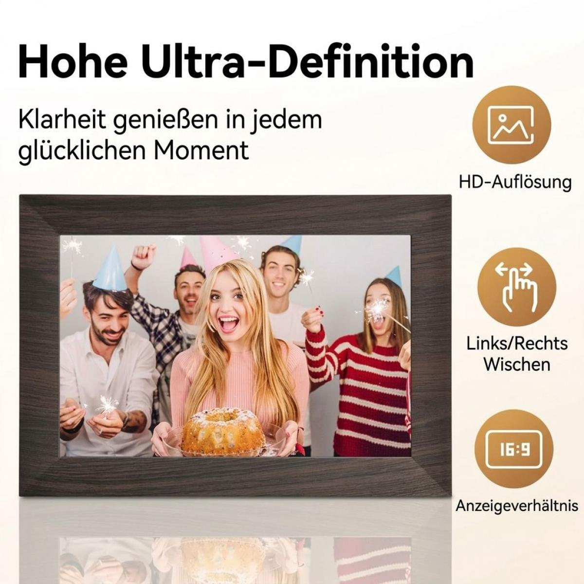 Digitaler Bilderrahmen zeigt eine Gruppe von Freunden, die eine Party feiern mit Kuchen und Wunderkerzen.