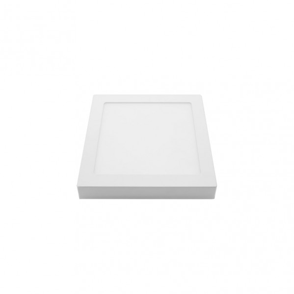 Una luz de techo LED cuadrada y blanca sobre un fondo blanco.