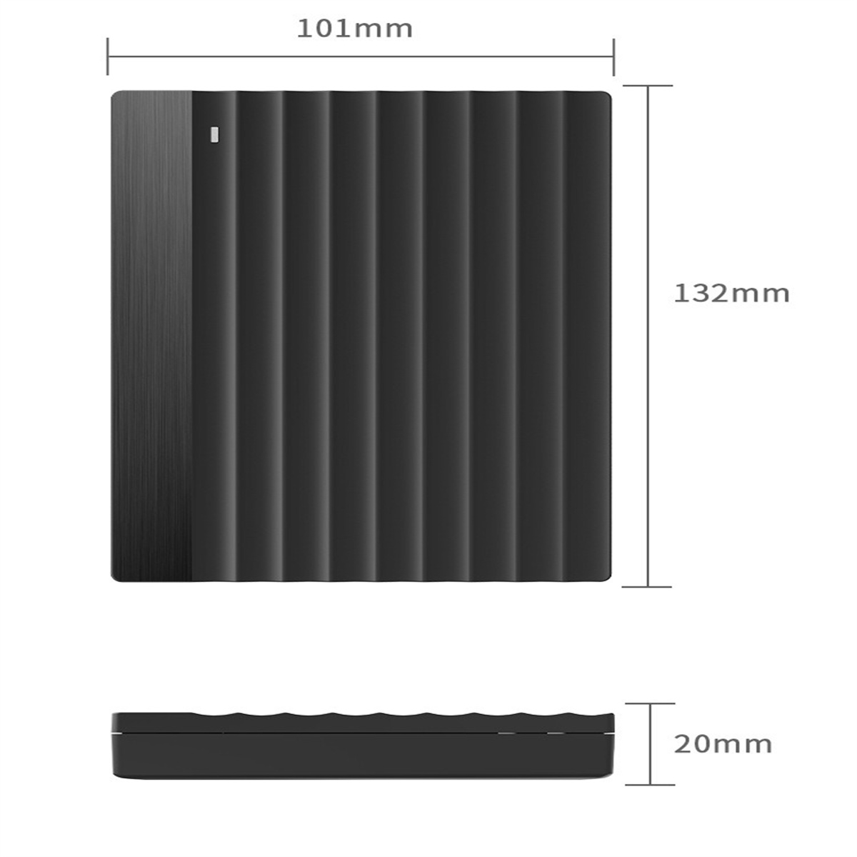 Technische Zeichnung einer schwarzen externen Festplatte mit Maßen von 101mm Breite, 132mm Höhe und 20mm Dicke.