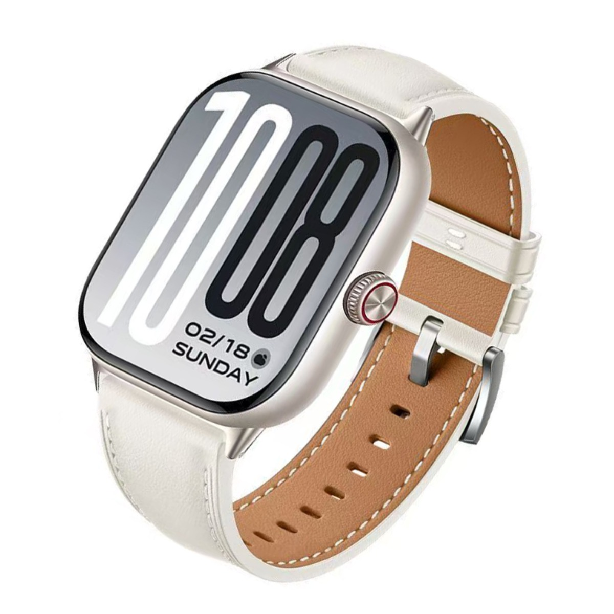 Moderne Smartwatch mit weißem Lederarmband, rechteckigem Display und rot akzentuierter Krone vor weißem Hintergrund.