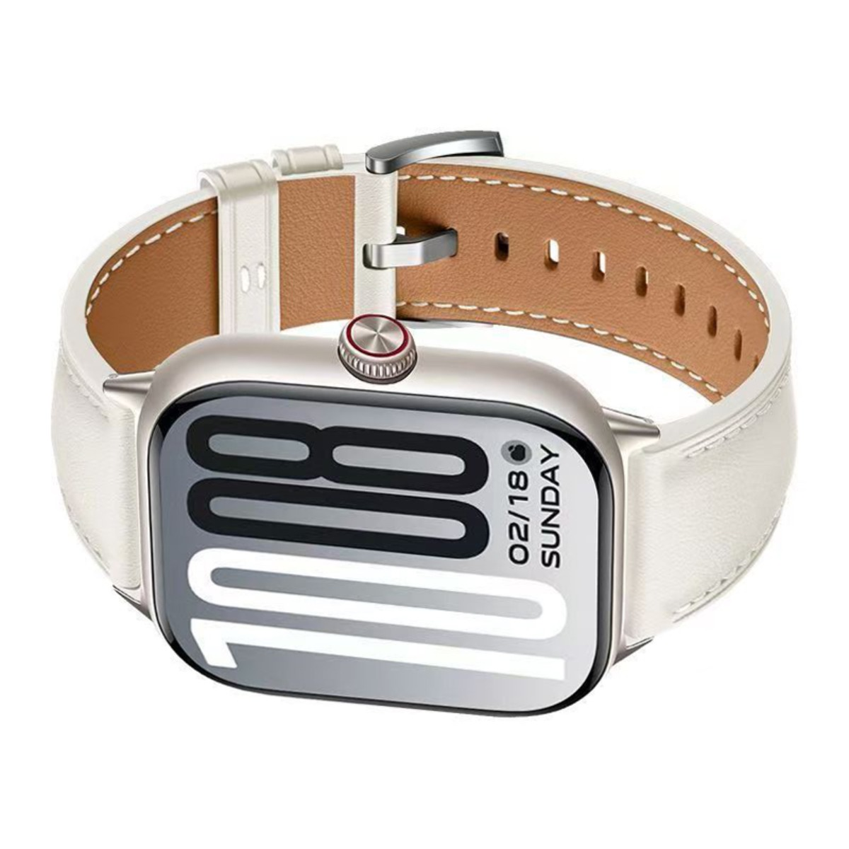 Eine Smartwatch mit silbernem Gehäuse und weißem Lederarmband vor weißem Hintergrund.