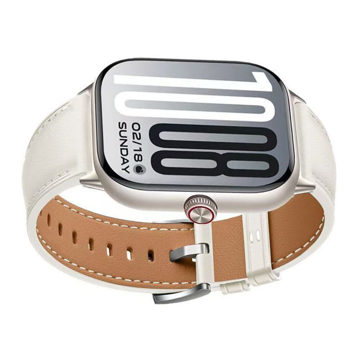 Eine Smartwatch mit silbernem Gehäuse, weißem Lederarmband und digitaler Anzeige auf weißem Hintergrund.