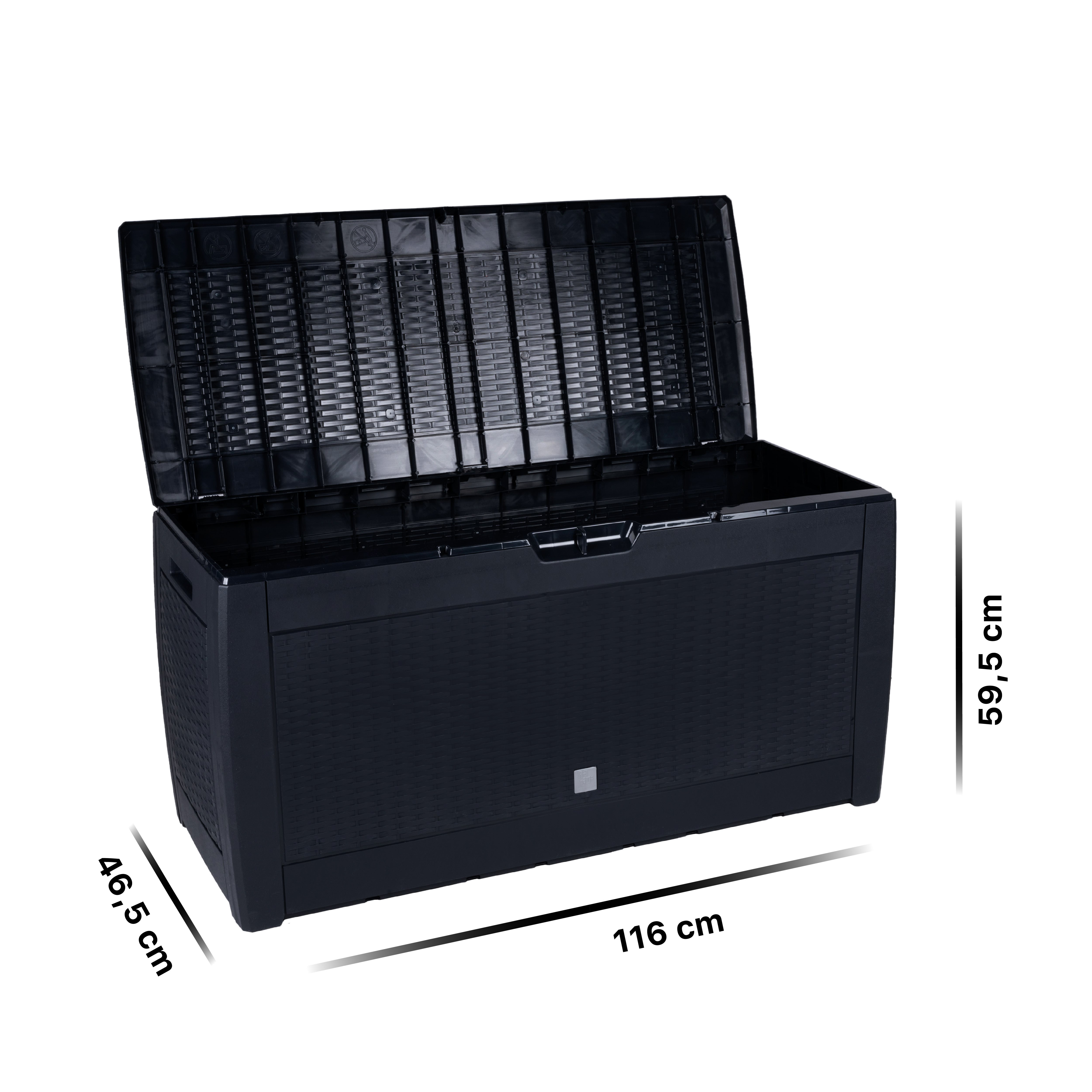 Black rattan-style storage box with an open lid, measuring 116x46.5x59.5 cm.