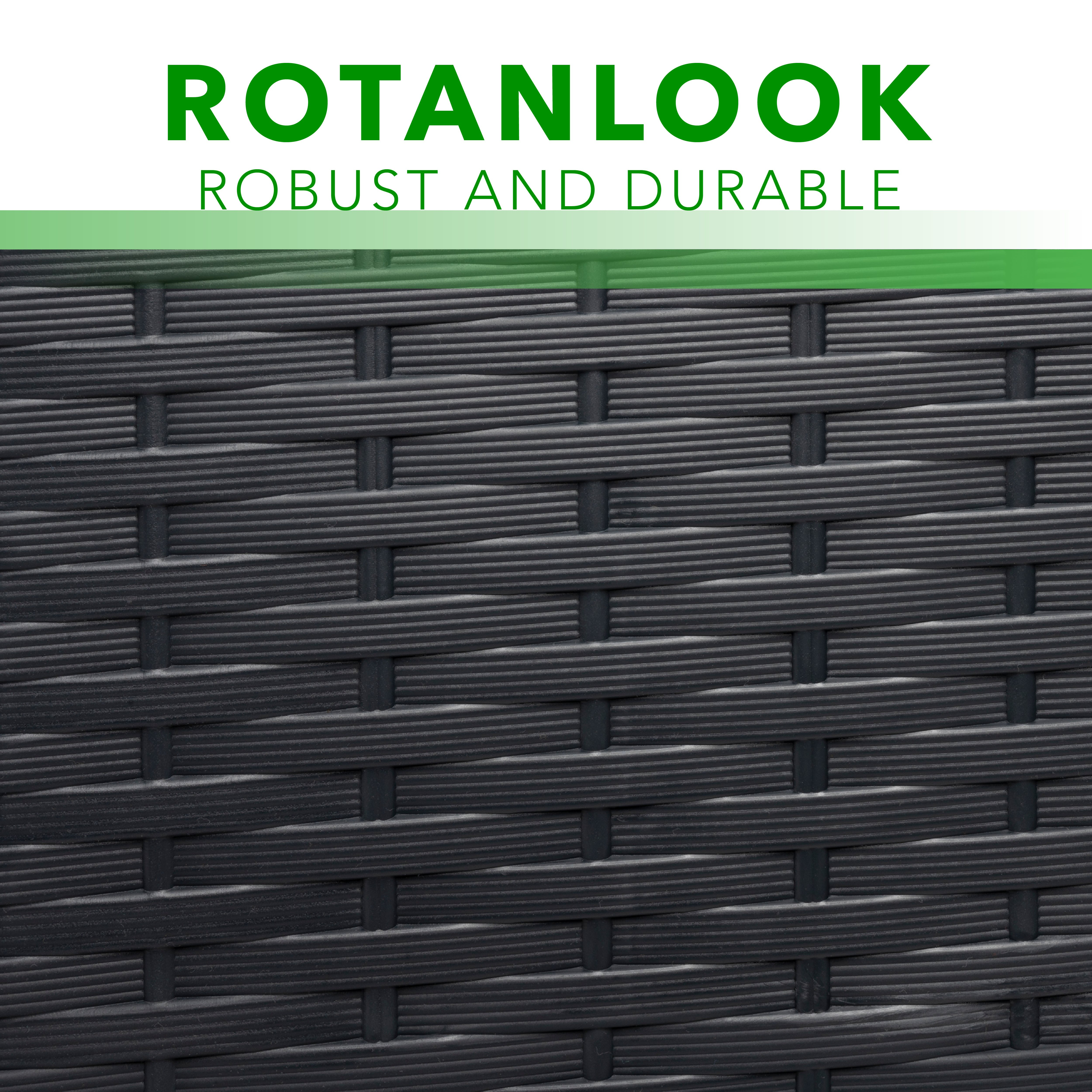 Black rattan texture with text Rotanlook Robust and Durable above.