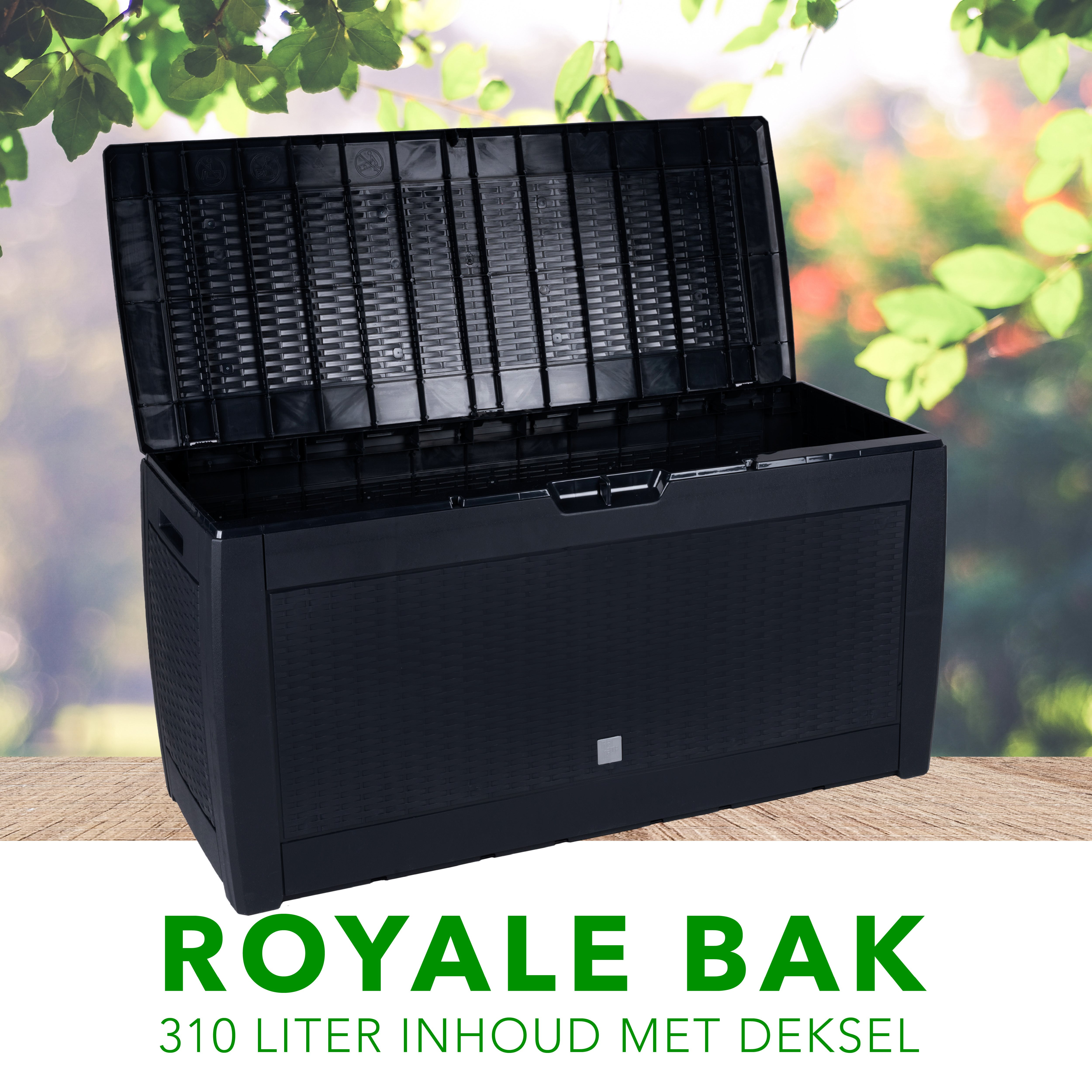 Black plastic garden storage box with open lid against blurred greenery.